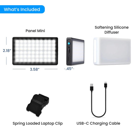 Video Conference Lighting Kit For Zoom And Live Streaming Level Up Your On Screen Presence With Adjustable Brightness And Color Temperature Laptop Mount Included For Effortless Remote Work showing panel mini, silicone diffuser, clip, USB-C cable