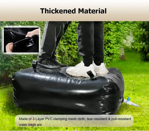 Foldable 300 Gallon Water Storage Bladder Tank With Faucet And Four Portable Carry Rings in use, demonstrating durability