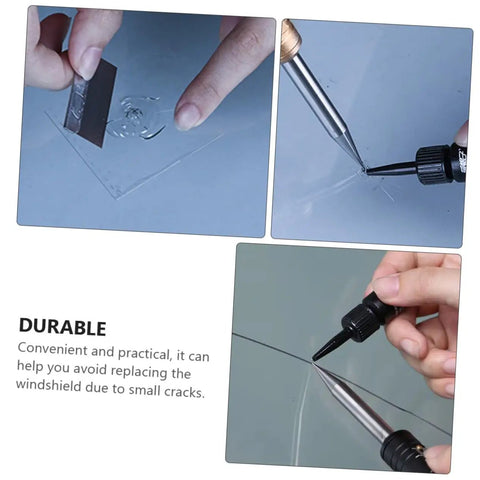Close-up of Powerful Windshield Crack Repair Kit For Quick Easy Fixes And Large Area Cracks Tool Set with resin gel and applicator