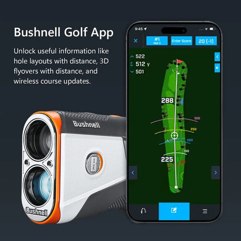 Tour Shift Laser Golf Rangefinder With Slope Compensation And PinSeeker 6X Magnification shown with Bushnell Golf App