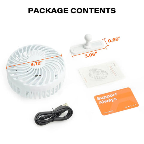 Rechargeable Magnetic Golf Cart Fan With 3 Speeds, battery powered cooling, adjustable tilt; shown with accessories, white.