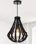 Dope Boho Wood Bead Chandelier Pendant Light 1 Light Black Farmhouse Ceiling Fixture with black beads and Edison bulb