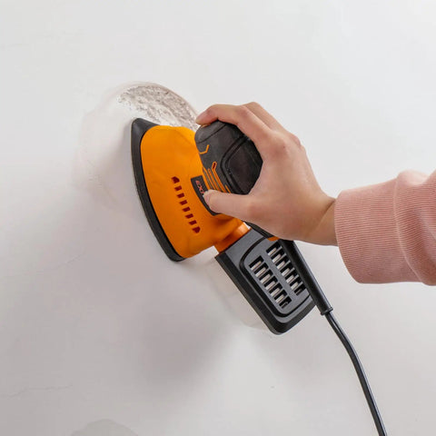 Electric Orbital Detail Sander Pumping Out 14000 OPM With Seamless Dust Collection on wall refinishing.