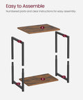 Set Of Two Industrial Style End Tables With Rustic Brown Tops And Matte Black Steel Frames, Easy Assembly Diagram