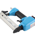 Professional Grade Pneumatic Brad and Staple Nailer with Insanely Fast Nailing Speed and Efficient Air Flow Usage and Sweet Grip for Furniture and Woodworking Tasks, blue metal frame, ideal for quick nailing.