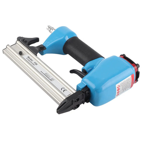 Professional Grade Pneumatic Brad and Staple Nailer with Insanely Fast Nailing Speed and Efficient Air Flow Usage and Sweet Grip for Furniture and Woodworking Tasks, blue metal frame, ideal for quick nailing.