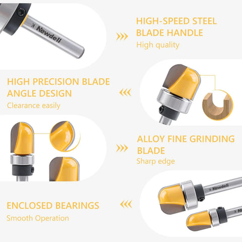 Three Piece Bowl And Tray Template Router Bit Set With 1/4 Inch Shank Carbide Round Nose Bits And Bearing Features