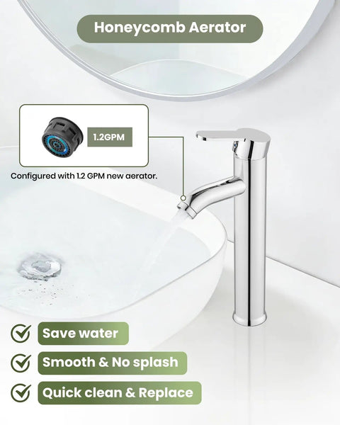 Ultra Sleek Modern Tall Vessel Sink Faucet With Single Handle One Hole Mount, water flow test, smooth operation, chrome finish