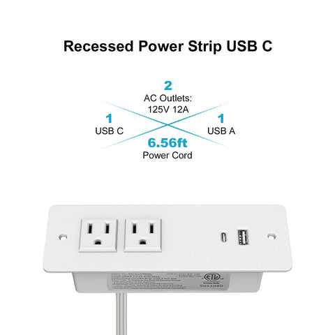 Flush Mount Power Strip With 20W PD USB C Fast Charging, Sleek Built In Desk Outlet For Cabinet Nightstand Counter, Tangle Free Super Slick Workspace Upgrade Keeps Your Desk Setup Clean And Chill
