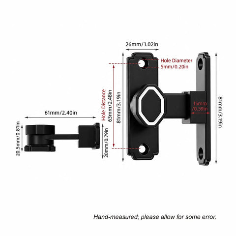 Premium Aluminum Sliding Barn Door Lock Featuring 90 Degree Flip Security Latch with black finish and measurement details.