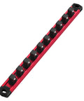 Magnetic Socket Rail Organizer For 3/8-Inch Drive Set Aluminum Alloy Socket Holder with 10 red clips, black end caps