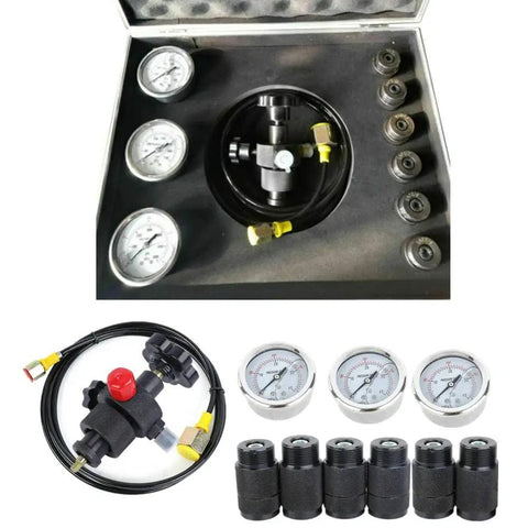 Pro Grade Hydraulic Nitrogen Accumulator Charging Kit With 3 Gauges And 7 Adapters, Heavy Duty Pressure Test Tools And Gas Valve Fill System FPU-1-25 For Precise MPa Readouts And Vibration Free Operation