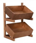 Solid Wood Two Tier Floor Standing Storage Rack Featuring Deep Open Bins In Rich Walnut Hue with slanted trays for organization.