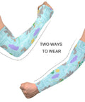 Dope Dinosaur Print UV Arm Sleeves With Anti Slip Ice Silk Cooling Covers, showing two ways to wear, stretch material for sun protection.