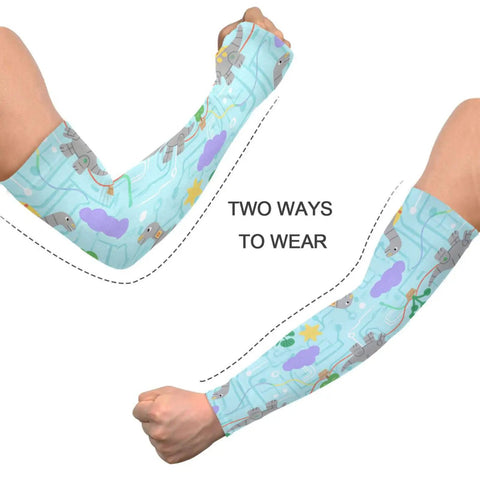Dope Dinosaur Print UV Arm Sleeves With Anti Slip Ice Silk Cooling Covers, showing two ways to wear, stretch material for sun protection.