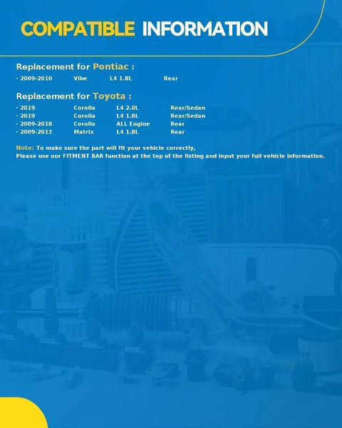 Product compatibility information for Rear Wheel Hub Assembly With ABS For Toyota Corolla 2009-2019 shown against automotive parts background