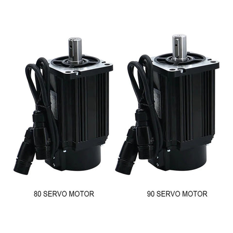 Two black servo motors with attached cables and silver shafts (80 and 90 models).