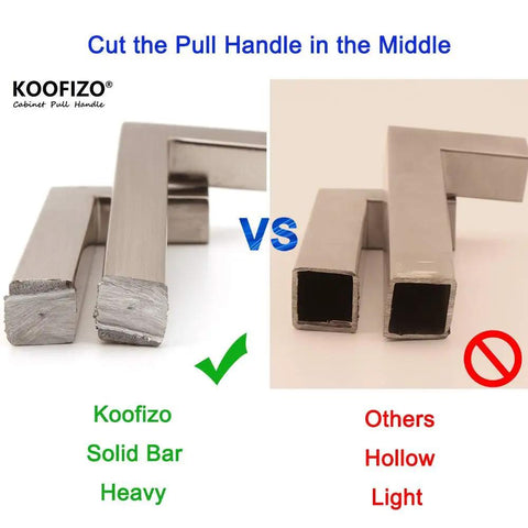 Comparison of solid vs hollow bar in 20 Pack Brushed Nickel Square Bar Cabinet Handles Set With Easy Install Six Point Three Inch 160mm Screw Hole Distance Solid Metal Hardware