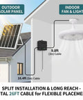 Outdoor solar panel and indoor fan setup with 26ft total cable for flexible placement. Badass Solar Ceiling Fan With Bright Led Light Pull String Switch Three Speed Modes IP65 Weather Proof Setup Designed For Shed Barn Gazebo Patio Or Coop To Keep Your Backyard Chill Spot Sweet And Breezy Every Day.