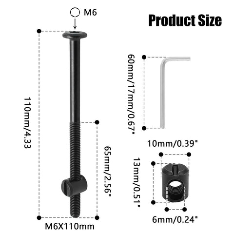 Heavy Duty M6 X 110mm Black Bunk Bed Bolts With Barrel Nuts And Hex Key 12 Piece Set Premium Steel dimensions and design details.