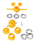 Pro Tip Ratchet Pipe Threader Kit For PVC Pipes. Includes yellow plastic dies and metal components for manual threading.