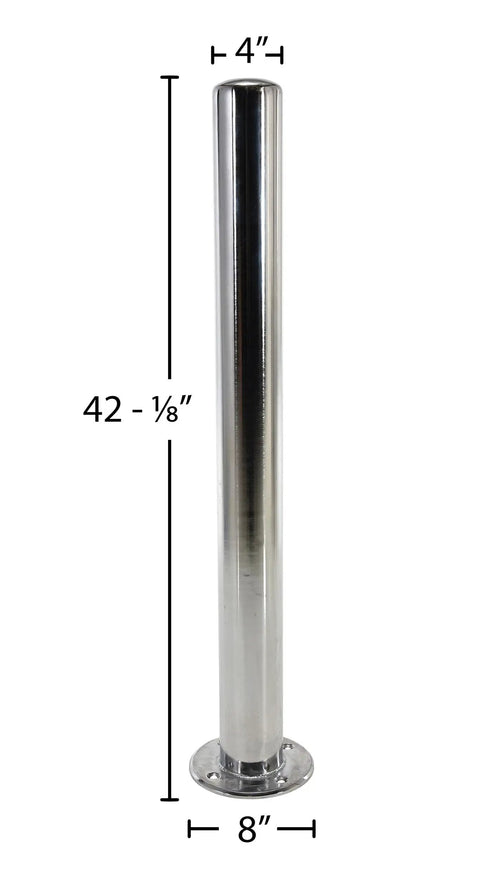 Built Tough Heavy Duty Steel Safety Bollard With Bright Chrome Plating, 42-1/8" tall, 4" diameter, 8" base for parking lot use.