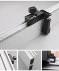Close-up of Heavy Duty Aluminum Miter Gauge With Track Stop For Table Saw And Router, featuring adjustable stops and precision markings.