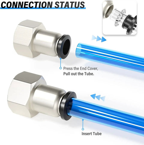 Straight Push To Connect Pneumatic Fittings Three Eighths Inch Tube OD To One Quarter Inch Female NPT Thread, connection process