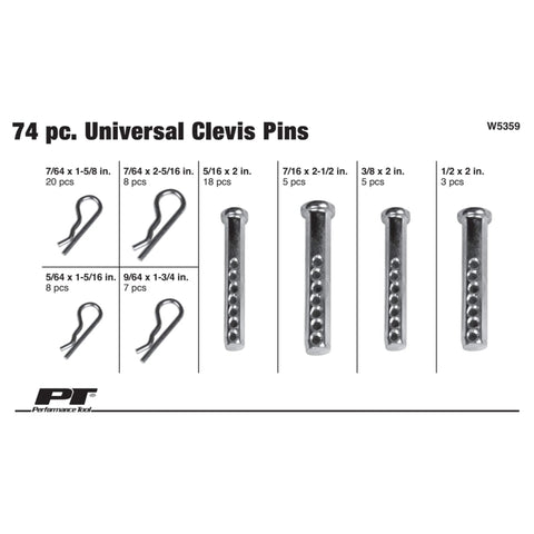 74-Piece Universal Clevis Pin Set for Mechanics and DIYers, W5359 Compatible Assortment Kit displayed with pins in various sizes