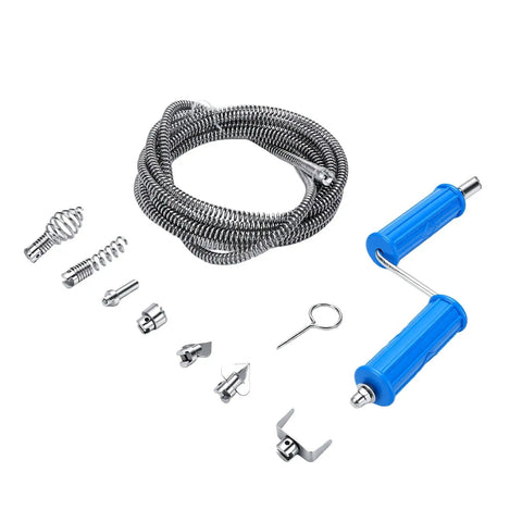 Heavy Duty Steel Drain Auger Cable With Six Removable Cutting Blades And Extended Ten Foot Reach For Knocking Out Stubborn Plugs, steel cable, flexible blades.