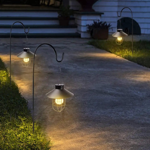 2 Pack Solar Metal Hanging Lanterns With Shepherd Hooks For Outdoor LED Garden Lighting Black Pathway Porch Yard Decor