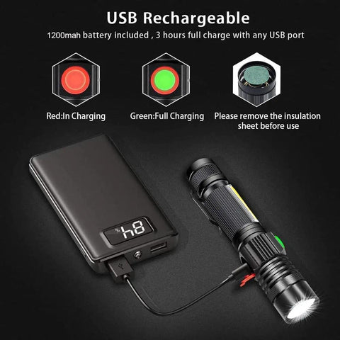 Rechargeable Magnetic LED Flashlight With COB Sidelight 1200 Lumen Waterproof Zoomable Beam Four Modes USB Rechargeable Battery Included Ideal For Camping And Emergencies charging via USB power bank with battery indicators