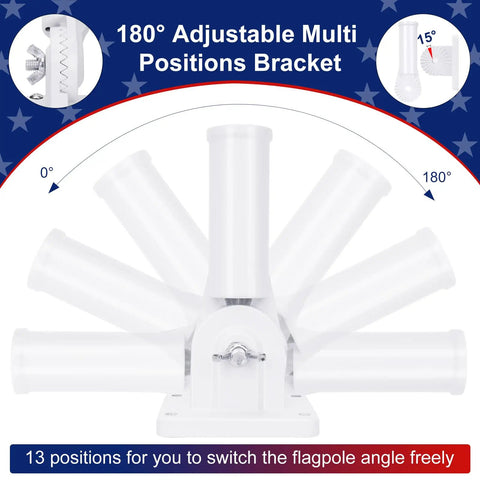 Flag Pole Holder Outdoor Mount For House Flag Poles Built Tough Aluminum Alloy Bracket Rust Free Adjustable Multi Position 1 Inch White Weatherproof Exterior Flag Pole Bracket showing adjustable angles.