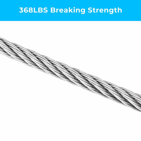 One Sixteenth Inch Stainless Steel Wire Cable 100 Feet Marine Grade Aircraft Cable Wire Rope 7x7 Strand Core With Aluminum Sleeves And Thimbles Tough As Nails For Marine Rigging And Outdoor Projects showing 368 lbs breaking strength detail