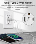White USB Wall Outlet With Night Light And Manual Switch, Tamper Resistant Usb C And Type A Ports, real USB charging ports in use.