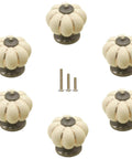 Super Slick Vintage Ceramic Pumpkin Cabinet Knobs 6 Piece Set with screws, ivory white, 40mm decorative drawer pulls.
