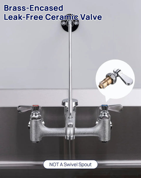 Heavy Duty Wall Mount Mop Sink Faucet With Vacuum Breaker showing chrome brass and leak-free ceramic valve, no swivel spout