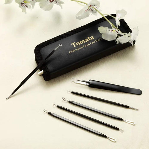6 Piece Pimple Popper Kit With Stainless Steel Comedone Extractors shown with black textured grips and case