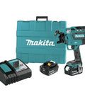 Makita XRT01TK 18V LXT Brushless Cordless Rebar Tying Tool Kit With 5.0Ah Battery and charger in sturdy case for construction work.