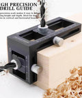 Upgraded 2-In-1 Drill Guide Positioning Clamp With Self Centering Clamp Graduated Aluminum Woodworking Tool Featuring 8 Drill Bushings 3-10mm Vertical Multi Angle Jig For Precise Straight Holes And Pro Grade Accuracy, mounted on a wooden block with precision scale visible.