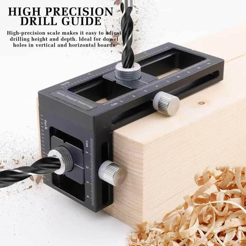 Upgraded 2-In-1 Drill Guide Positioning Clamp With Self Centering Clamp Graduated Aluminum Woodworking Tool Featuring 8 Drill Bushings 3-10mm Vertical Multi Angle Jig For Precise Straight Holes And Pro Grade Accuracy, mounted on a wooden block with precision scale visible.