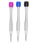 Three Color Stainless Steel Watch Movement Screwdriver Set for 3235 Movement Repairs, color-coded heads in purple, blue, black.