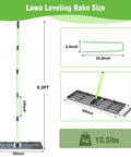 Lawn Leveling Rake 30x10 Stainless Steel With 78 Inch Adjustable Handle Green Positioning Stakes Heavy Duty Leveler diagram