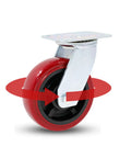 Heavy Duty Swivel Casters With Premium Polyurethane Treads Built Tough For Heavy Loads showing red wheel and steel bracket.