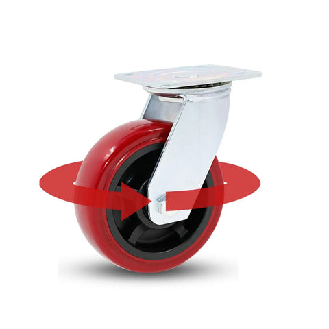 Heavy Duty Swivel Casters With Premium Polyurethane Treads Built Tough For Heavy Loads showing red wheel and steel bracket.