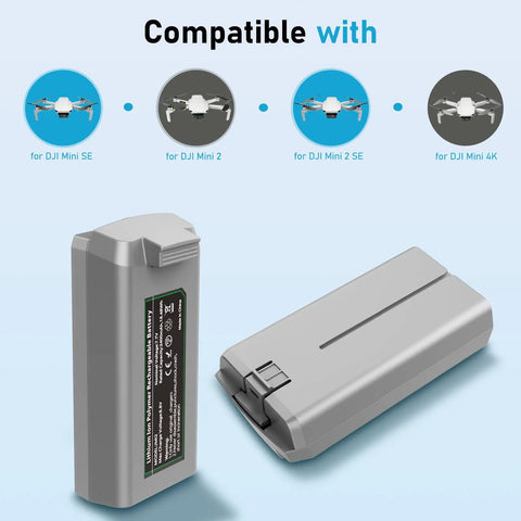 Two Battery Pack With Display And Two Way Charging Hub For DJI Mini 4K Mini 2 Mini 2 SE Mini SE Drones shown with compatibility icons