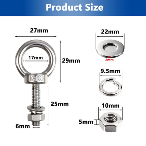 4 Pack M6 x 25mm Threaded Eyebolts With Nuts And Washers, dimensions and components shown