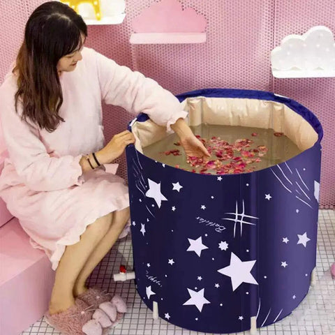 Foldable Portable Bathtub For Shower Stall Eco Friendly Soaking Tub With Insulated Layers Safe Food Grade Material woman in blue tub