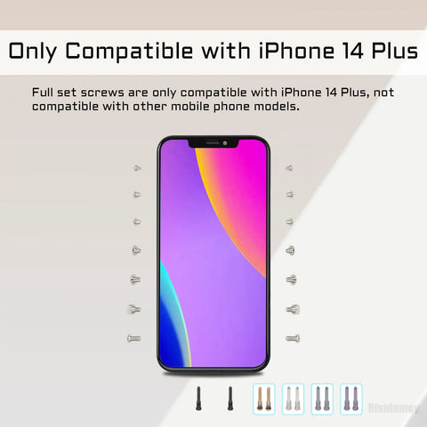 Total Knockout Complete Screw Set For iPhone 14 Plus Phone Repair Kit showing screws arranged around iPhone 14 Plus display.