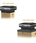 Outdoor No Fuss Post Cap Lights For 4x4 And 6x6 Wooden Posts Waterproof on wooden posts showing fitment on two sizes
